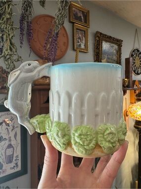 Vintage Ceramic Cottage Core Rabbit with Cabbage Garden Mug